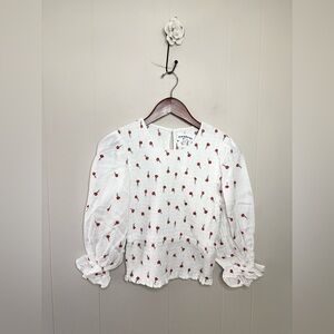 Meadows aloe shirt white smocked puff sleeve cotton rose print floral size 2